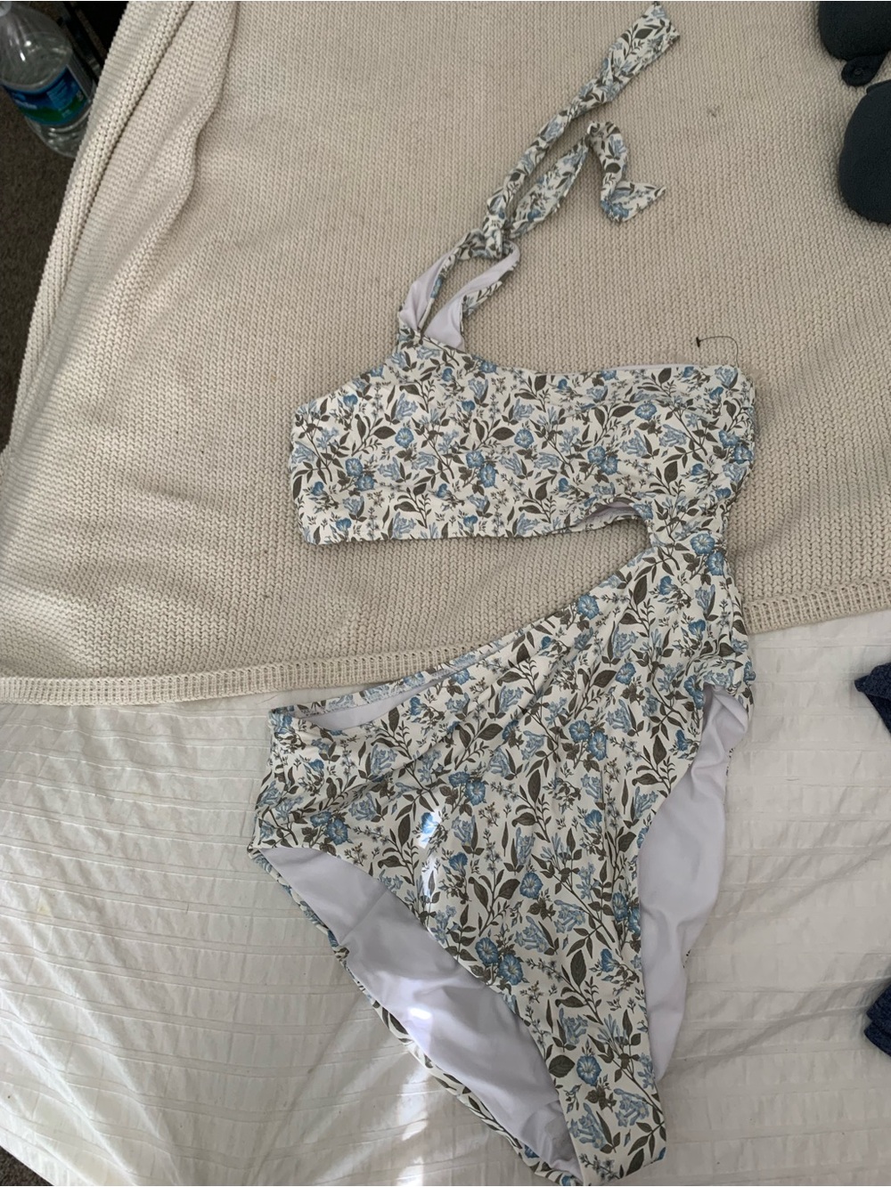 Gianni Bini Floral One-Shoulder ,Cut Out,One-Piece Swimsuit in Blue and Cream